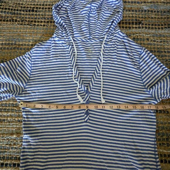 Calvin Klein M Blue White Striped Henley Hoodie Sweatshirt Shirt Tunic 3/4 Sleev - Picture 4 of 6